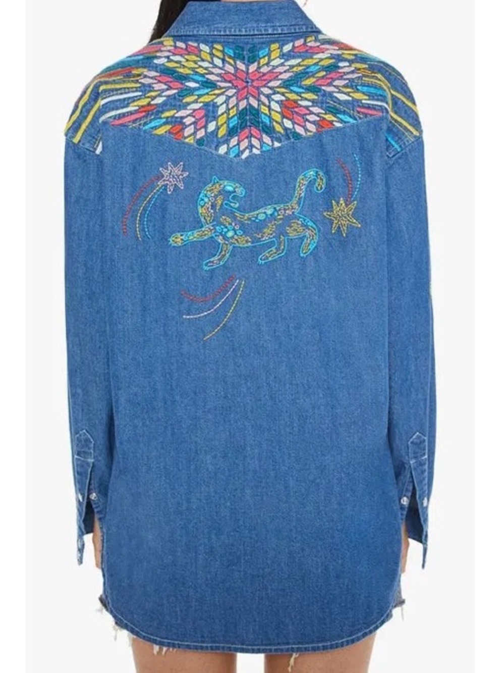 MOTHER Exes & Ohs Kaleidoscope Kitty Embroidered Denim Western Shirt S